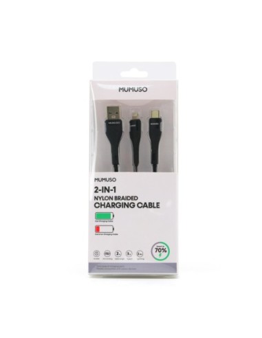 Câble de Charge 2-En-1 en Nylon Tressé (Noir) – 2M (Usb-A Vers Lightning + Type-C)